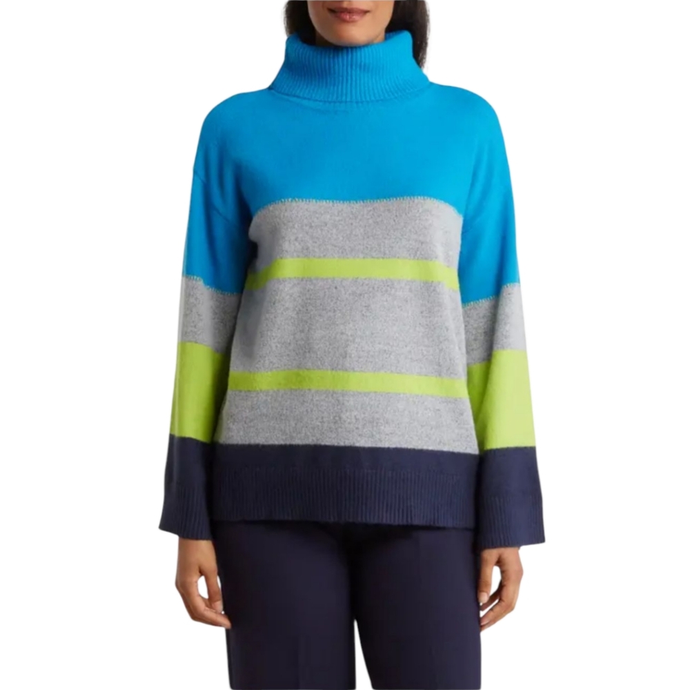 H Halston Stripe Cowl Neck Sweater In Brilliant‎ Blue Combo NWOT